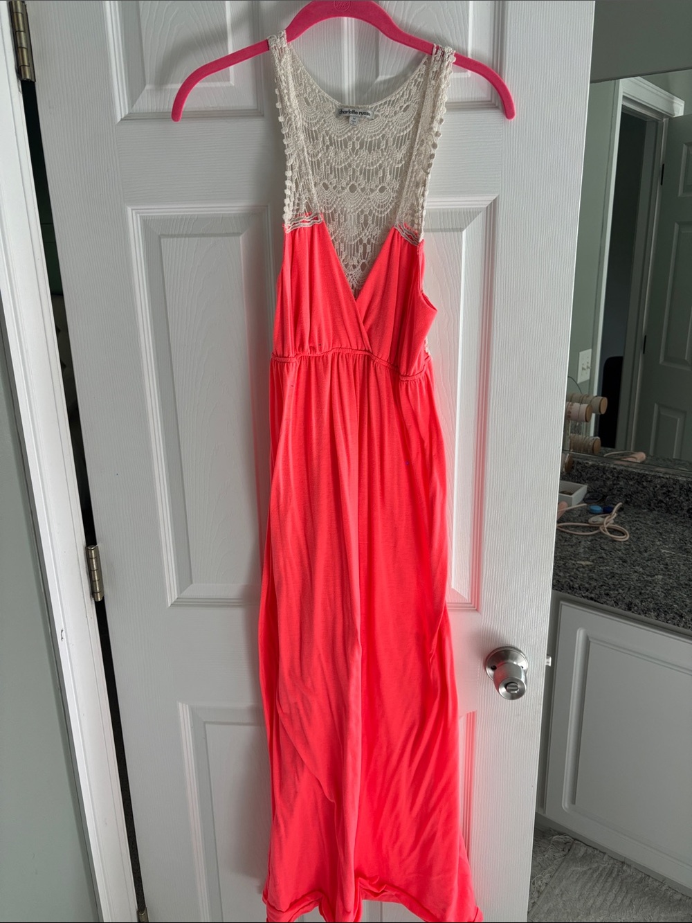 Charlotte Russe Coral Maxi Dress with Cream Crochet Back